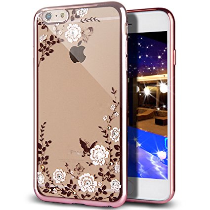 iPhone 7 Plus Case,ikasus White Butterfly Floral Flower Bling Crystal Rhinestone Diamonds Clear Rubber Rose Plating Frame TPU Soft Silicone Bumper Case Cover for Apple iPhone 7 Plus 5.5"