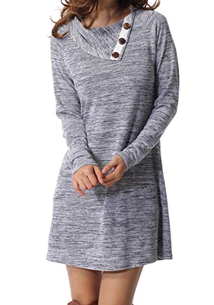 levaca Women's Long Sleeve Button Deco Neck Loose Casual Short T Shirt Dress