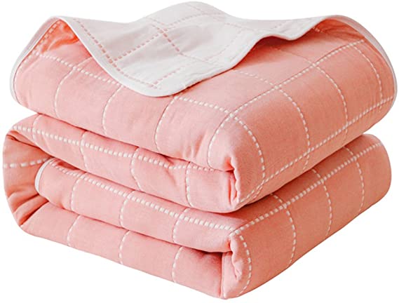 Joyreap 6 Layers of 100% Muslin Cotton Summer Blanket - Soft Lightweight Summer Quilt for Teens & Kids - Hypoallergenic Durable and Comfortable Throw Blanket (Dotted Line,Pink, 79"x 94")