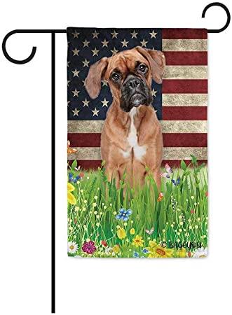 BAGEYOU Cute Puppy Boxer Garden Flag Lovely Pet Dog American US Flag Wildflowers Floral Grass Spring Summer Decorative Patriotic Banner for Outside 12.5x18 inch Printed Double Sided