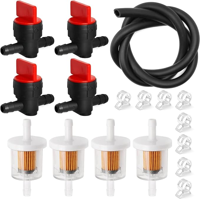 Hoypeyfiy Inline Fuel Filters, 1/4" Fuel Shut Off Valves, Fuel Hose and Clamps Kit replacement for Lawn mowers, Lawn tractor, Generators, Garden machines