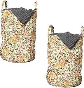 Ambesonne Flower Laundry Bag Pack of 2, Leaves Flowers Old Vintage Ivy Design with Plants Nature Theme Retro Art Print, Hamper Basket with Handles Drawstring Closure, 13" x 19", Green Multicolor