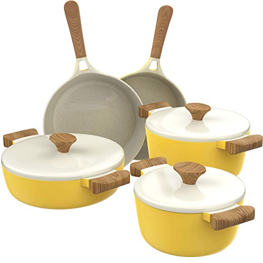 hOmeLabs Ceramic 8 Piece Cookware Set - Compatible with Induction Stovetop Non Stick Pots and Nonstick Frying Pans with Lids - Dishwasher Safe - Dutch Oven Pot Fry Pan Sets - PTFE PFOA Free - Yellow