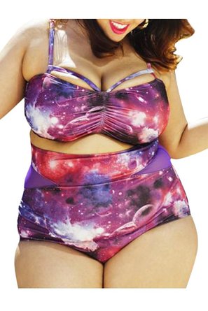 Kisscy Women's Plus Size Halter Galaxy Printed High Waisted Ruched Bikini Sets