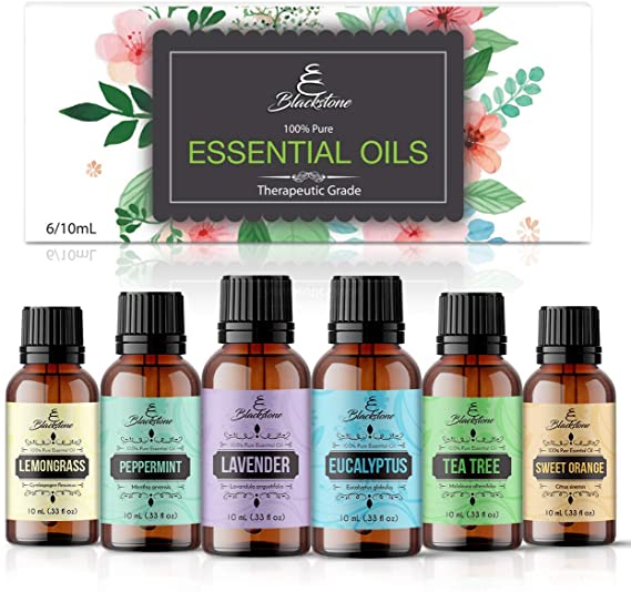 Blackstone Canadian 100% Natural Essential Oils Set of 6 - Eucalyptus, Tea Tree, Lavender, Peppermint, Lemongrass, Sweet Orange