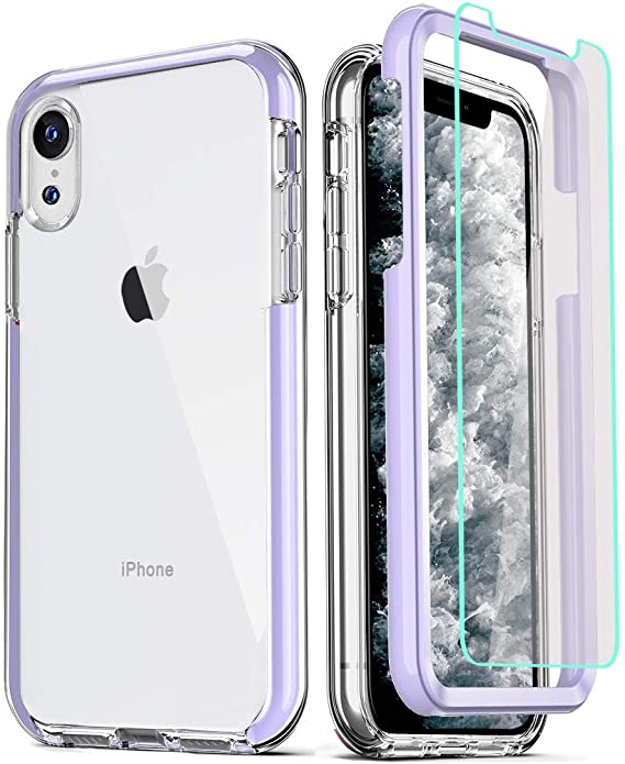 COOLQO Compatible for iPhone XR Case, with [2 x Tempered Glass Screen Protector] Clear 360 Full Body Coverage Hard PC Soft Silicone TPU 3in1 [Military Protective] 12 ft Shockproof Phone Cover