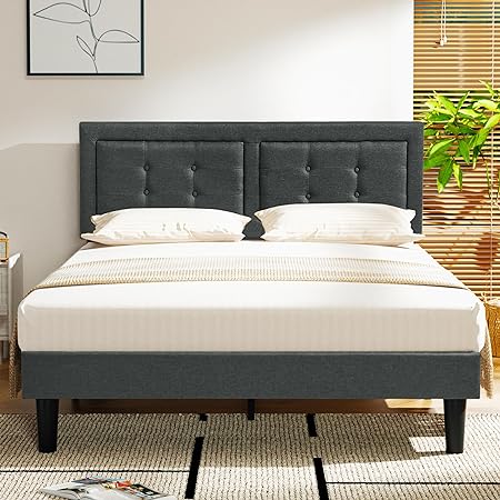 VECELO Queen Size Upholstered Bed Frame with Height Adjustable Fabric Headboard, Heavy-Duty Platform Bedframe/Mattress Foundation/Strong Wood Slat Support/No Box Spring Needed, Dark Gray