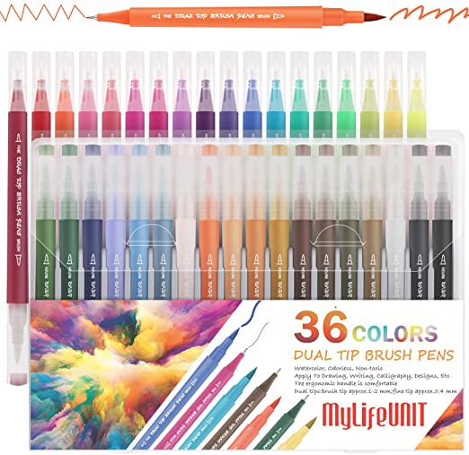 MyLifeUNIT Dual Tip Brush Pens, 36 Colors Fineliner Pens Set for Calligraphy, Drawing and Writing