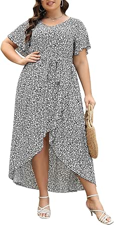 Nemidor Womens Plus Size V Neck Boho Floral Print Ruffle Wrap Maxi Dress with Pocket NEM528