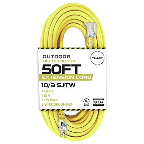 50 Foot Lighted Outdoor Extension Cord - 10/3 SJTW Yellow 10 Gauge Extension Cable with 3 Prong Grounded Plug for Safety - Great for Garden and Major Appliances