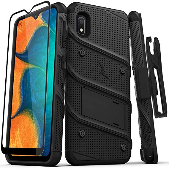 ZIZO Bolt Series Samsung Galaxy A10e Case | Heavy-Duty Military-Grade Drop Protection w/Kickstand Included Belt Clip Holster Tempered Glass Lanyard (Black/Black)