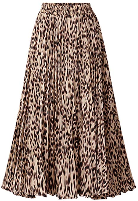 Chartou Womens Chic Elastic High Waisted A Line Leopard Print Pleated Shirring Midi-Long Skirt