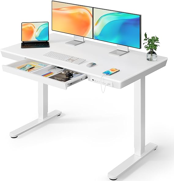 ErGear Electric Standing Desk, 48 x 24 inch Standing Desk with Drawer, Sit Stand Desk with Preassembled Top & USB Charging Ports, Height Adjustable Standing Desk for Home & Office (White)