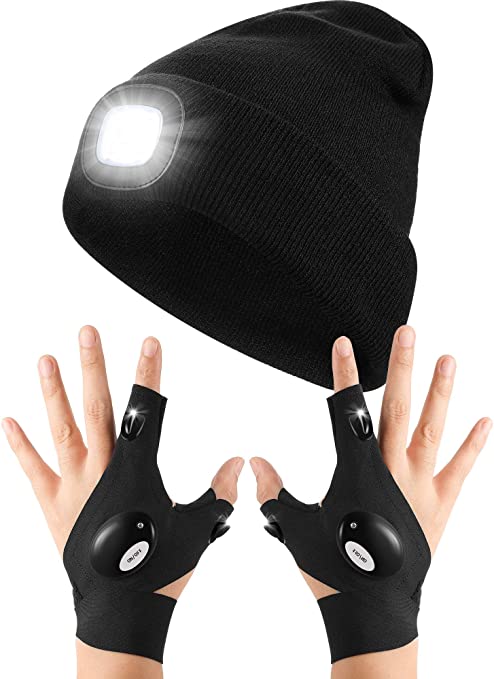 LED Knitted Flashlight Beanie Hat with LED Flashlight Gloves Outdoor Fishing Gloves for Repairing and Working in Places, Outdoor Sports, Fishing, Camping, Hiking, Running Black