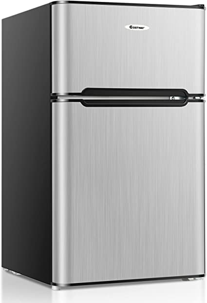 COSTWAY Compact Refrigerator, 2 Reversible Door 3.3 CU.FT. Mini Fridge and Freezer Compartment with Adjustable Thermostat & Removable Glass Shelves for Dorm Apartment Office (Sliver)