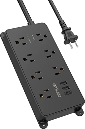 2 Prong Power Strip - TROND 2 Prong to 3 Prong Adapter with 7 Widely-Spaced AC Outlets & 3 USB Ports (1 USB C), 5ft Extension Cord, Wall Mountable 1700J Surge Protector for Non-Grounded Plug, Black