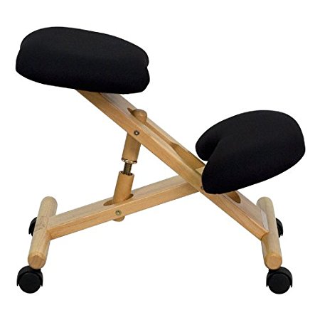 Black Fabric Knee Kneeling Posture Ergonomic Desk Task Chairs With Natural Finish Wood Frame