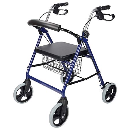 LIVINGbasics™ Four Wheel Walker Rollator with Fold Up Removable Back Support Comes With Soft Padded Seat, Storage Basket and Height Adjustable Handle
