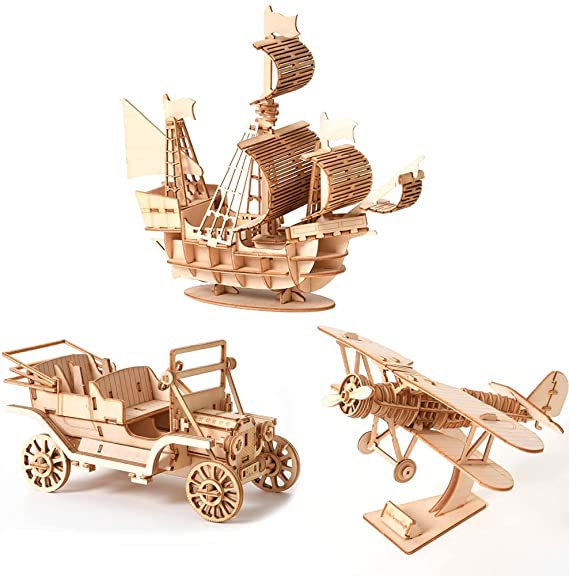 3D Puzzles for Adults,3 Piece Set Wooden Puzzles,Model Kits for Teens and Adults，Gift on Birthday/Christmas/Children's Day (Propeller Plane, Pirate Ship, car)