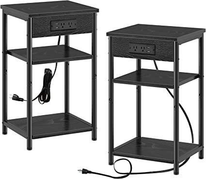 Rolanstar End Table with Charging Station, Set of 2 End Table, Small Nightstand with Storage Shelf, 3 Tier Slim Side Table with USB Ports & Outlets, Sofa Bedside Table for Bedroom, Living Room, Black