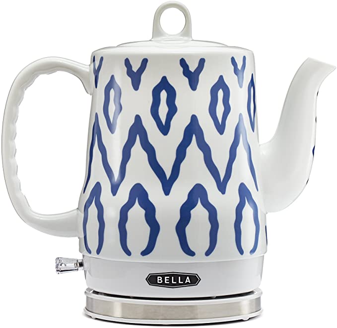 BELLA 1.2 Liter Electric Ceramic Tea Kettle with Detachable Base & Boil Dry Protection, Blue Aztec, Electric Tea Kettle with Automatic Shut Off & Detachable Swivel Base (13724)