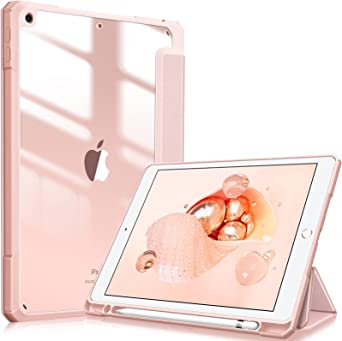 Fintie Hybrid Slim Case for iPad 9th / 8th / 7th Generation (2021/2020 / 2019) 10.2 Inch - [Built-in Pencil Holder] Shockproof Cover with Clear Transparent Back Shell, Auto Sleep Wake, Rose Gold