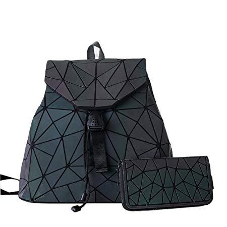 HotOne Geometric Backpack Holographic Reflective Backpacks Fashion Backpack (Luminous No.4  wallet 2 Set)