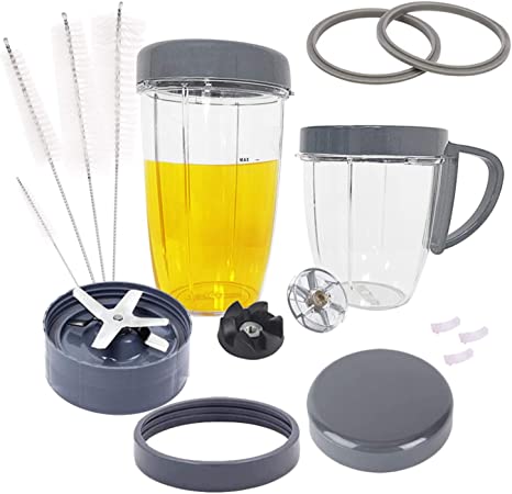 Replacement Parts for NutriBullet, 2 Cups, Extractor Blade, 2 Resealable Lids, 2 Gasket, 2 Gear, 3 Shock Pads, Lid Ring, Lid Ring with Handle & Cleaner Brush for Nutribullet 900W/600W (15-Piece)