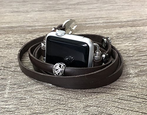 Vintage Brown Leather Bracelet For Apple Watch Series 1 2 & 3 Handmade Multi Wrap Adjustable Size Strap Smart Watch Band Unique Fashion Jewelry Charm Rivets Accessory Wristband