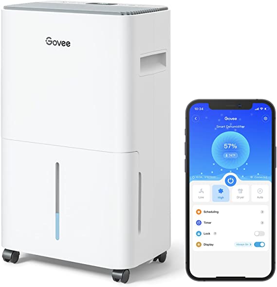 Govee Smart WiFi 50 Pint Dehumidifier for Basement, Energy Star Dehumidifier with Drain Hose, 3500 Sq. Ft Dehumidifiers Works with Alexa, Intelligent Humidity Control, 24H Timer