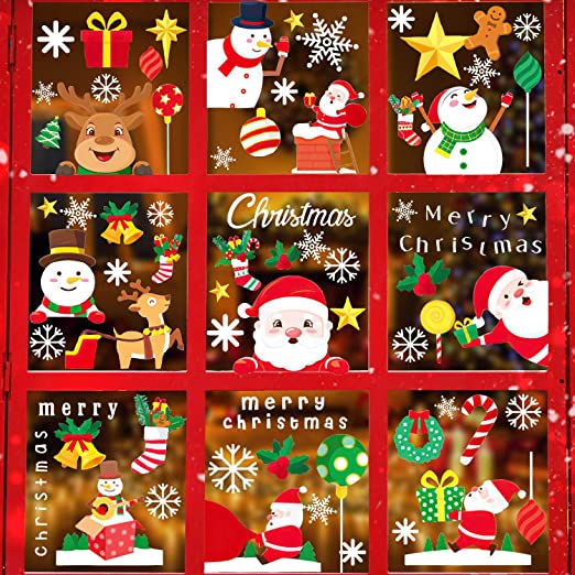 Konsait 340pcs Christmas Decals Window Stickers Clings, Cute Snowman,Santa Claus, Reindeer with Static Sticker Decor for Christmas Party Decorations Supplies Favor(11sheets)