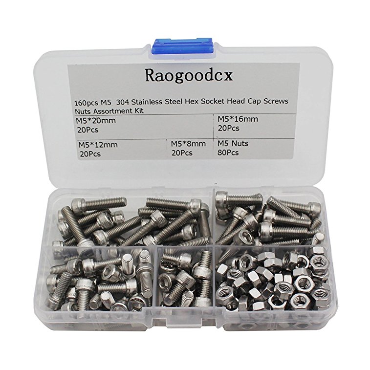 Raogoodcx 160Pcs M5 Stainless Steel Hex Socket Head Cap Screws Nuts Assortment Kit (M5 Steel Sockets)