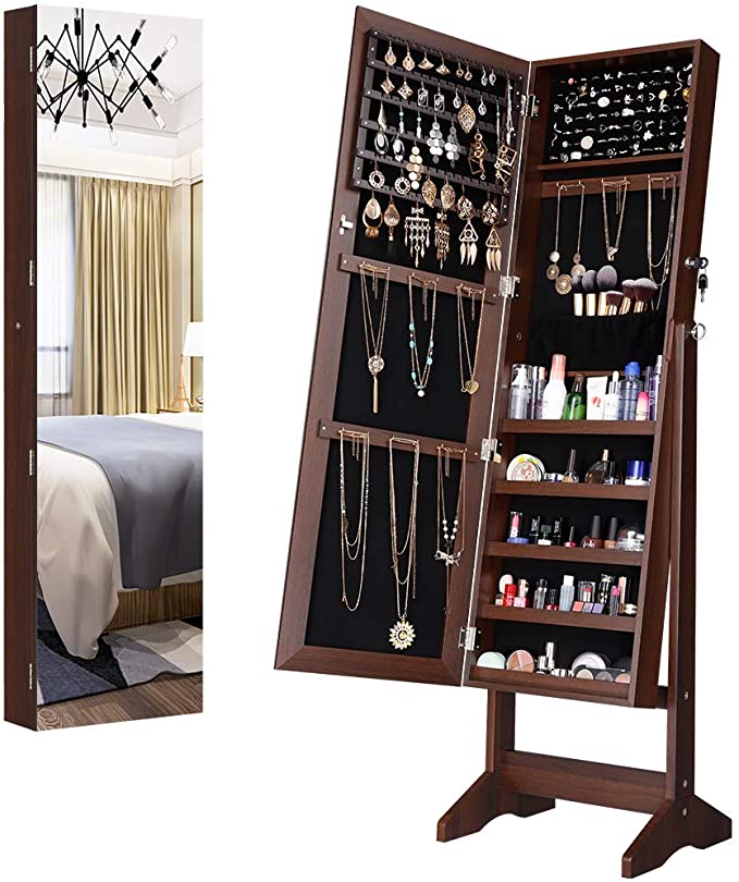 LANGRIA Jewelry Armoire Cabinet Full-Length Frameless Mirror, Lockable Floor Standing & Wall Mounting Large Capacity Jewelry Storage Organizer, 4-Angles Tiltable (Brown)