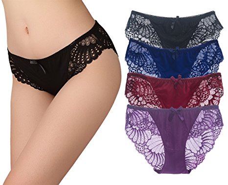 SHEKINI Women's Underwear 4 Pack Breathable Low-Rise Cheeky Lace Hipster Panties