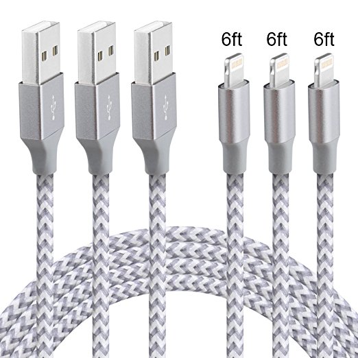 XUZOU Lightning Cable,3Pack 6FT Long Nylon Braided iPhone Charger USB Cord - Fast Charging For iphone 5/5S/5C/SE 6/6S 6 Plus/6S Plus 7/7 Plus, iPad mini/Air/Pro iPod touch,nano 7(GrayWhite,6FT)