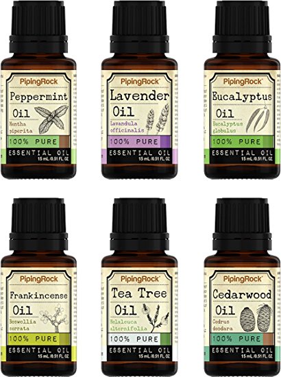 Piping Rock 6 Bottle 100% Pure Essential Oil Starter Kit - Peppermint, Lavender, Eucalyptus, Frankincense, Tea Tree & Cedarwood