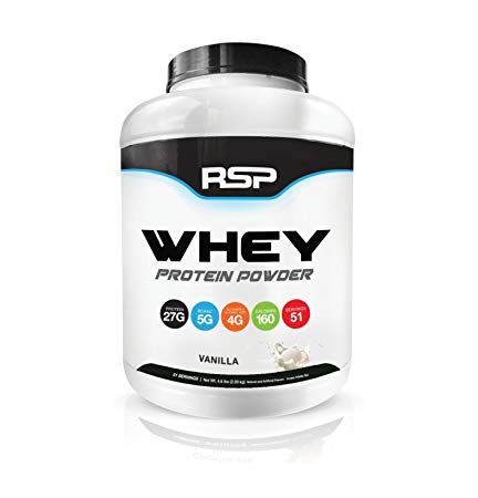 RSP Whey Protein Powder (4.6lbs) - 27G Premium Whey Protein Shake with BCAAs and Glutamine, Post Workout Recovery Protein Supplement, 51 Servings (Vanilla)