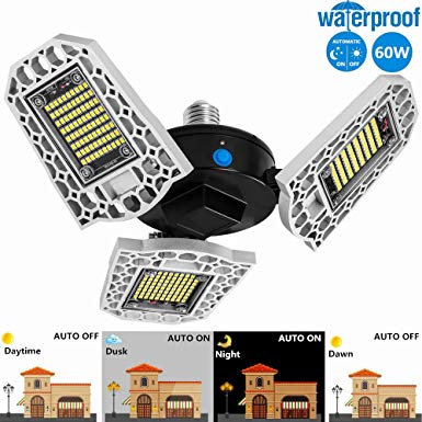 LED Garage Lights, Fuleadture 60W 7200LM Dusk-to-Dawn Garage Lighting, IP65 Waterproof E27/E26 Deformable Garage Ceiling Lights, CRI 80 LED Shop Lights for Garage with Light Senson, Auto On/Off