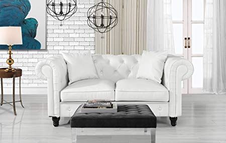 Divano Roma Furniture Classic Living Room Bonded Leather Scroll Arm Chesterfield Loveseat (White)
