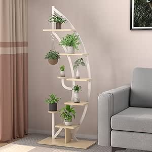 COSTWAY 8-Tier Tall Plant Stand, Curved Half Moon Ladder Display Rack with Top Hook & Anti-Toppling Device, Metal Flower Shelf Pot Holder for Indoor Outdoor Balcony Garden Yard (1 PCS, Natural White)