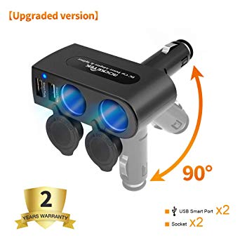 2 Socket Cigarette Lighter Splitter & Dual USB Car Charger Adapter, Rocketek 12V/24V DC Outlet Multi Socket for Android, Samsung Galaxy, GPS, Dashcam, Radar Detector, LG, HTC, Dash Cam and More