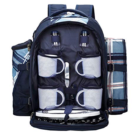 TAWA Picnic Backpack Bag for 4 Person With Cooler Compartment, Detachable Bottle/Wine Holder, Fleece Blanket(45"x53"), Plates and Cutlery (Blue)