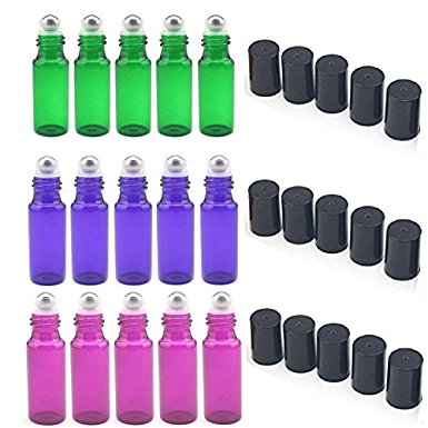 SUNREEK 5ml Glass Refillable Bottles with Stainless Steel Roller Balls, Set of 15 for Aromatherapy, Essential Oils, Perfumes, Lip Balms (5Pcs Green, 5Pcs Purple, 5Pcs Violet Colored)