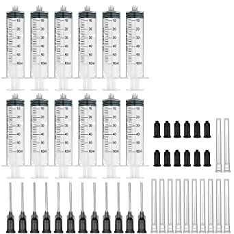 12 Pack 60ml Syringes with 16Gx1.0'' Blunt Tip Fill Needles and Storage Caps(Luer Lock)-Dozen Pack