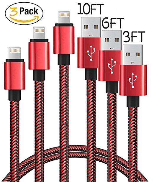 Lightning to USB Cable, 3Pack 3FT 6FT 10FT Nylon Braided iPhone Charging Cord iPad Charger for Apple iPhone SE/6/6S/Plus/5S/5/iPad Mini/Air/Pro/iPod, Compatible with iOS9 (Red / Black)