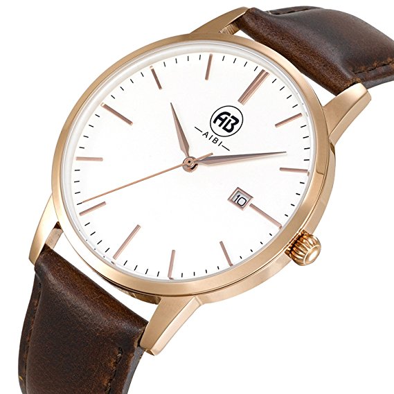 AIBI Men's Watch Classic Quartz Analog Business Wrist Egg White Face Rosegold Case Watches with Date Brown Leather Strap 3ATM Waterproof for Men
