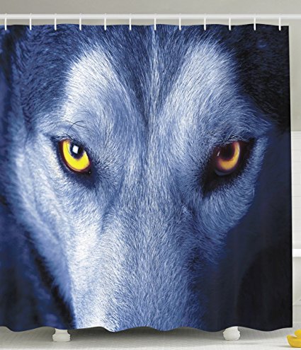 Wildlife Decor Wild Wolf Eyes Fur Wildlife Animal Night View High Resolution Closeup Portrait Digital Print Polyester Fabric Shower Curtain Blue Gray White