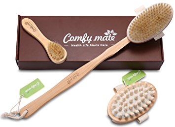 Natural Boar Bristle Body Brush with long handle & Face Brush Set for Body Scrub & Dry Skin Brushing, a Detachable Wooden Massager Head, Exfoliate Skin, Reduce Cellulite & Improve Circulation