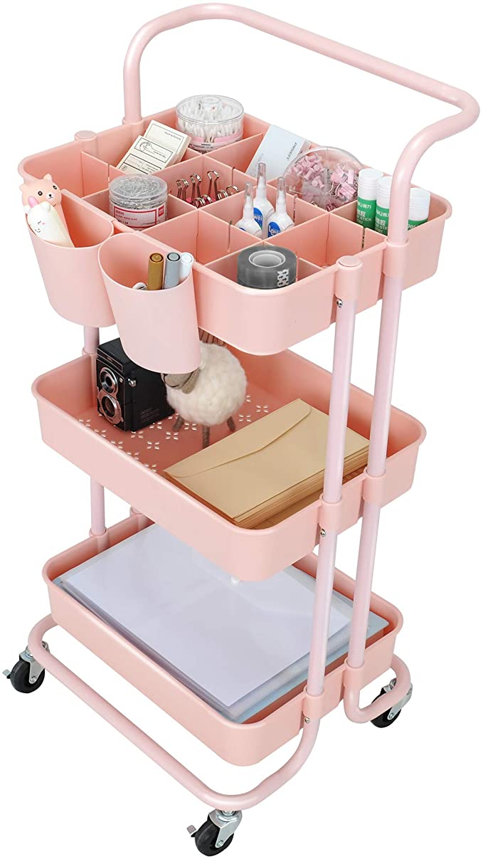 StorageWorks Pink Metal Rolling Carts, 3 Tier Rolling Utility Cart, Make Up Storage Cart Organizer with Lockable Wheels for Home Office, Pink, 16.7"L X 14"W X 33.4"H