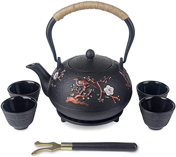 7 Pieces Japanese Cast Iron Tea Cup Set Teapot Kettle with Infuser and Trivet(40 oz)